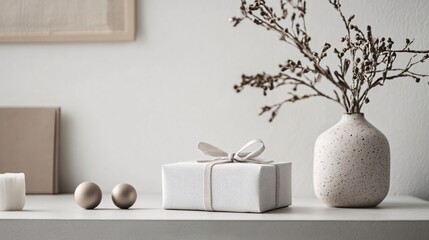 Minimalist still life with gift box vase and decorative spheres on a light surface