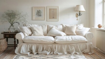 Cozy living room featuring a white sofa with pillows, soft lighting, and decorative elements