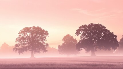 Ethereal dawn light filters through mist over a field with silhouetted trees in soft pink hues