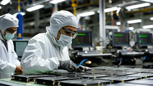 Workers assemble electronic components in a cleanroom environment