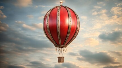 Fototapeta premium Red vintage hot air balloon floating in a cloudy sky with a golden trim and a wicker basket