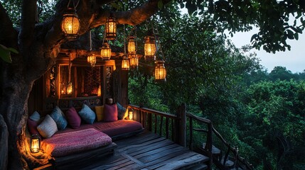 Treehouse retreat with glowing lanterns and comfortable cushions in a lush forest setting