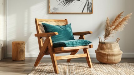 Fototapeta premium Cozy wooden chair with teal cushion in a bright, modern living room with decorative plants