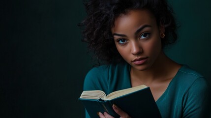 Professional educational portrait featuring study overwhelm, bright teal book placement, obsidian casual top, organic hair texture detail, simple gold wrist accent, dark verdant backdrop, authentic