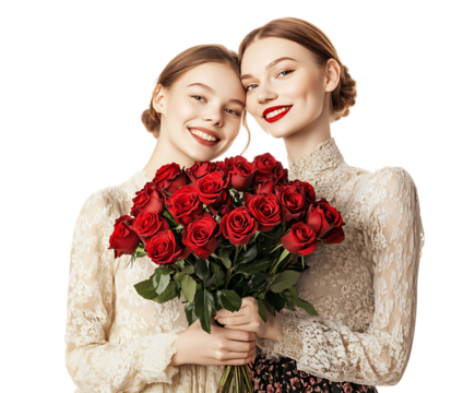Beautiful twins holding red roses.