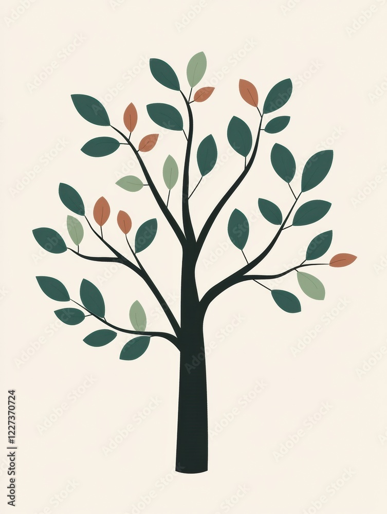 Leinwandbilder stylized tree icon showcasing branches with various green and colored leaves against a neutral backg