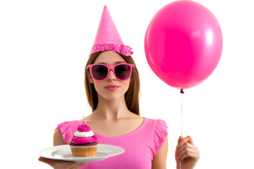 Celebrating a birthday with pink cupcake and balloon