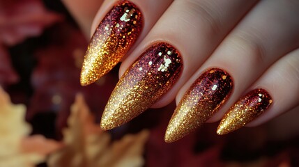 Autumnal Glamour Close Up of Glittery Nail Art with Gradient from Gold to Deep Red