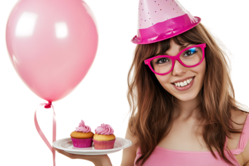 Smiling girl celebrating birthday with cupcakes and balloon.