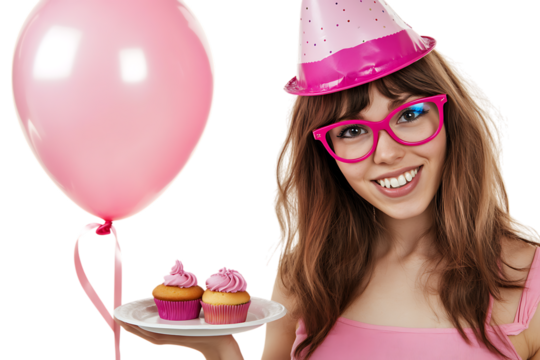 Smiling girl celebrating birthday with cupcakes and balloon.