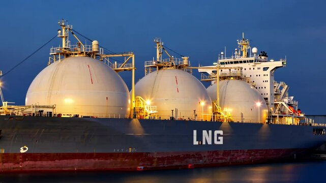 Stern port side view of an LNG carrier moving along the strait.