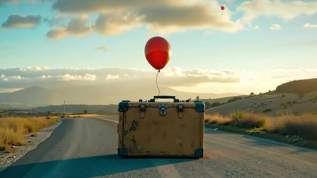 A suitcase with a red balloon floating on top of it on a road