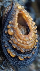 Fototapeta premium HD Phone Wallpaper Close up of a Wet Mussel Shell with Water Droplets Coastal Seashell Macro Photography
