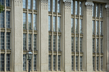 Fototapeta premium Detail of the Croatian State Archives in Zagreb, showcasing its grand architectural facade with rows of windows and decorative details,