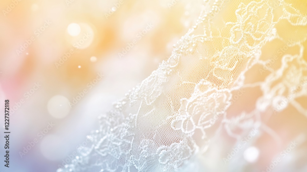 Poster delicate white lace fabric with soft bokeh effect and pastel colors creates a dreamy background