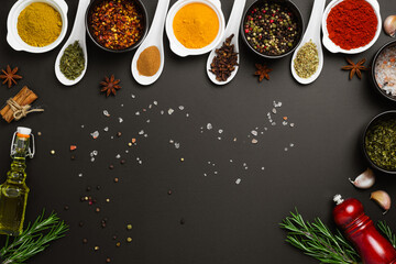 Set of various spices on black background. Pepper, paprika, basil, rosemary, chilly, cardamom, cinnamon, anise. Top view with copy space.