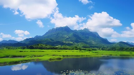 A beautiful green field with a majestic mountain, a clear river and a vast sky in the background. The idyllic and serene natural scenery creates a peaceful and charming atmosphere.