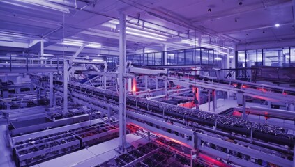 Fototapeta premium Automated sorting machines processing packages and letters at a large distribution warehouse using conveyor belts and advanced technology in a brightly lit industrial environment