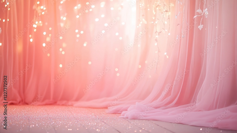 Poster soft pink fabric backdrop with fairy lights and glitter on the floor creating a dreamy scene