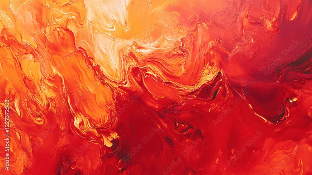 Poster Abstract painting with flowing orange and red colors creating a vibrant and dynamic texture