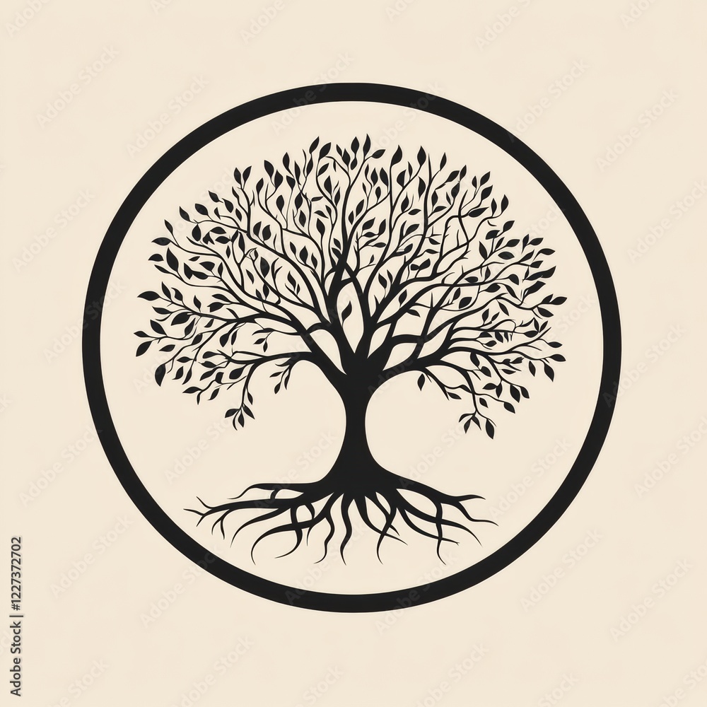 Fototapete Symbolic tree of life showcasing its intricate roots and branches in a circular design against a neutral background. Generative AI