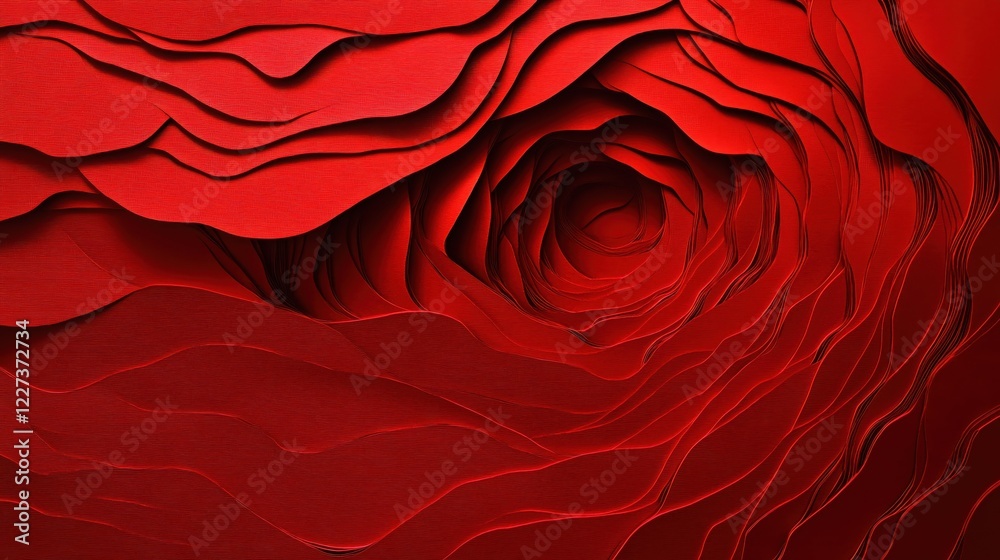 Poster Abstract red layered paper art with flowing curves and depth creating a tunnel effect