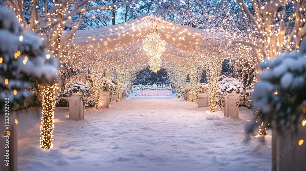 Aufkleber Winter wonderland path with snow covered trees and bright string lights creating a festive scene