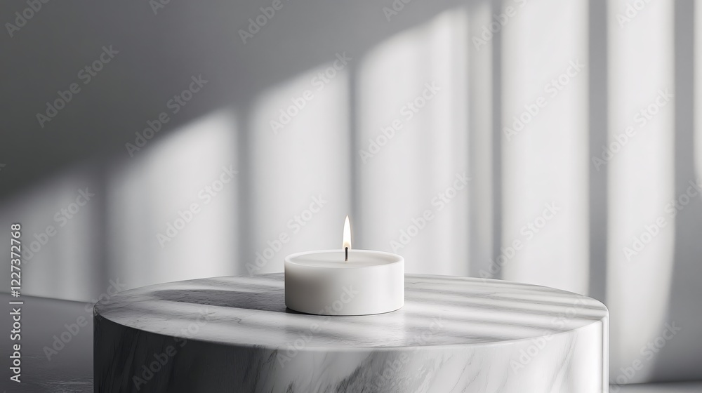 Poster Minimalist white candle on marble platform with soft light and shadow creating calm atmosphere