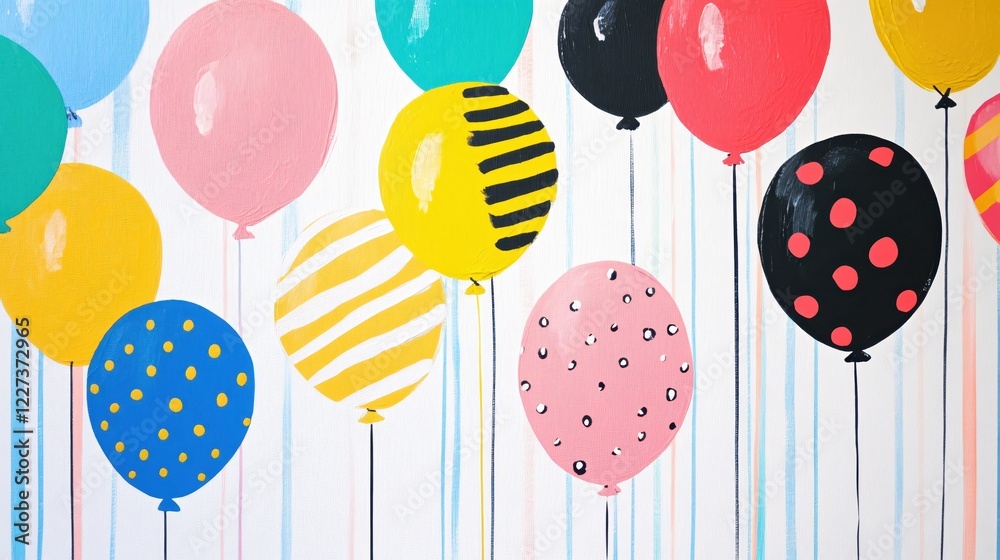 Poster colorful balloons with stripes and dots painted on a white background with vertical lines