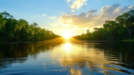 Obraz premium Serene Sunset over Calm River Water with Lush Green Trees