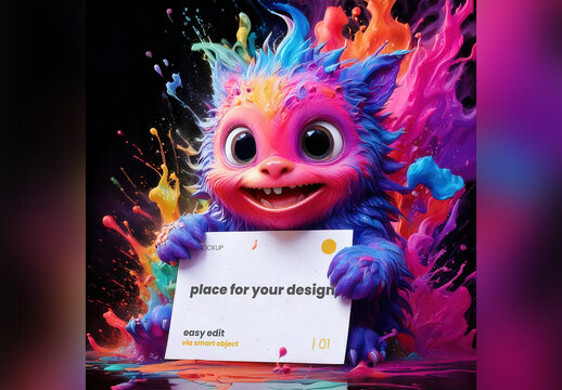 Baby Monster Holding Horizontal Page Poster Mockup and Colorful Splash in the Back