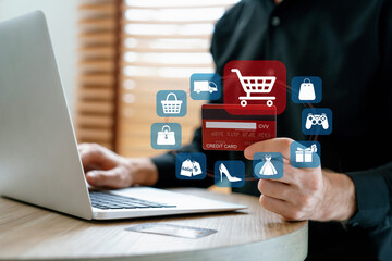 Customer open hologram graphic interface controlling device choosing online platform. Smart...