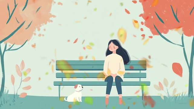 Woman sitting on a park bench with her dog surrounded by falling autumn leaves. Seamless looping time-lapse animation video background  
