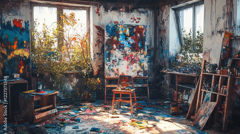 Poster Artistic studio with paint splattered floor and walls and a large canvas by the window