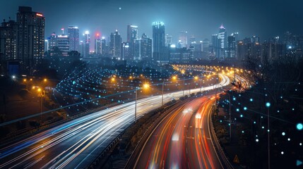 Obraz premium Nighttime cityscape with illuminated highway, showcasing vibrant traffic and skyline