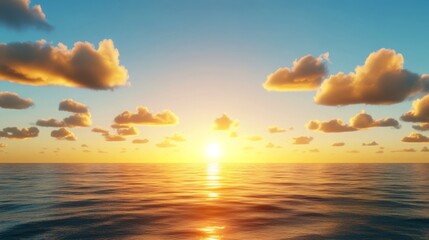 Obraz premium Serene Sunset over Calm Ocean Waters Golden Cloudscape at Dusk