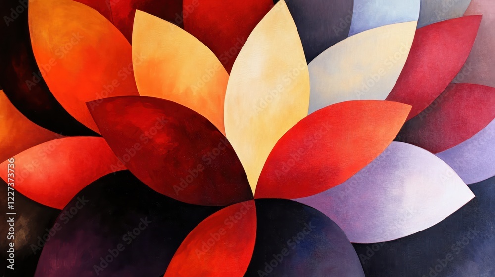 Poster abstract floral artwork with vibrant colors and dynamic petal shapes on a dark background