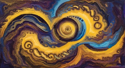 Abstract Swirling Spiral Painting Golden Yellow Blue Brown Texture Artistic Background Design Modern Art Fluid