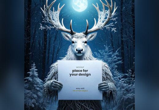 Deer Man Creature Holding Horizontal Page Poster Mockup at Cold Night