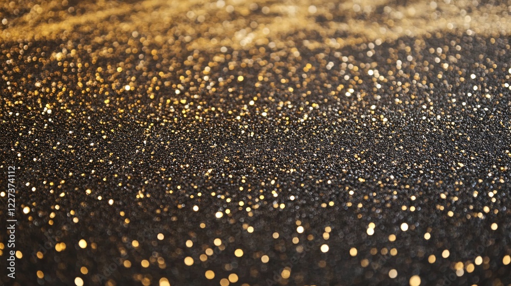 Poster Golden glitter on dark surface creates a bokeh effect and a festive abstract background