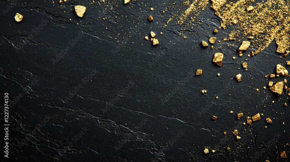 Poster Golden fragments and dust on dark stone surface creating a luxurious and textured background