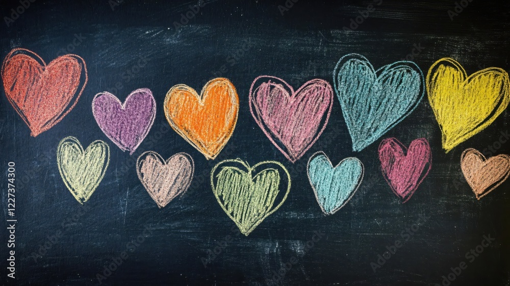 Poster colorful hearts drawn with chalk on a dark blackboard surface creating a playful pattern