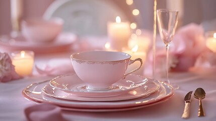 Elegant pink teacup on table with plates and candles in soft light for a romantic setting