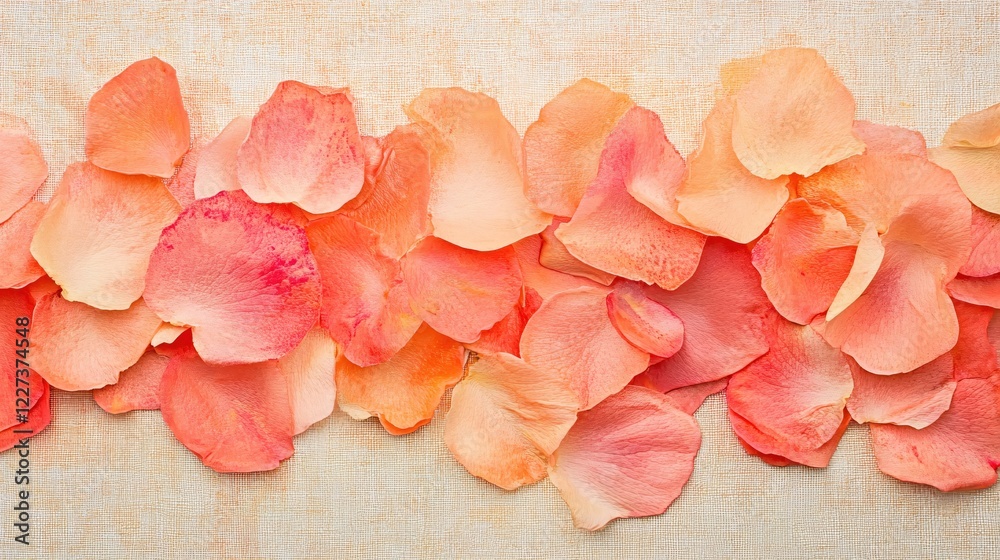 Poster rose petals arranged on textured fabric create a soft romantic background with warm tones