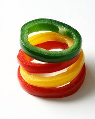 Stacked Rings of Red, Yellow, and Green Bell Peppers Isolated on White