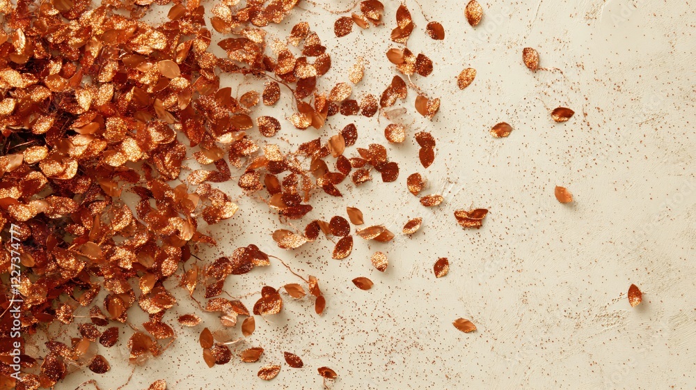 Poster Sparkling copper leaves scattered across a textured surface creating a festive abstract pattern