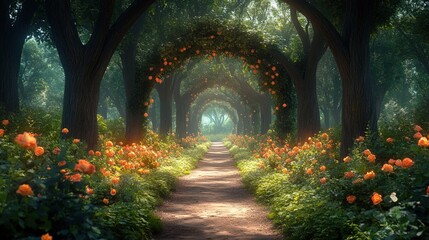 Fototapeta premium Rose-lined garden tunnel with arching trees and a sunlit path. Dreamlike symmetry and depth. A calm journey concept. Ideal for wellness branding, retreats, and inspirational web banners.
