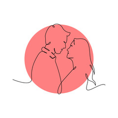 Continuous line art of a couple gazing at each other, encircled by a vibrant coral backdrop. Minimalist and romantic.