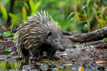 Porcupine is searching for food in a tropical rainforest during a rainstorm
