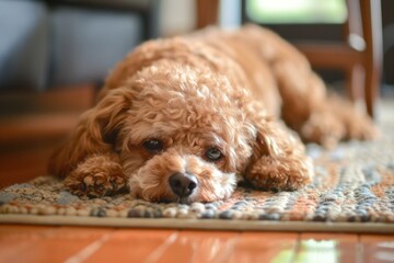 Sleepy toy poodle puppy dog is taking a break from playing and resting on a rug
